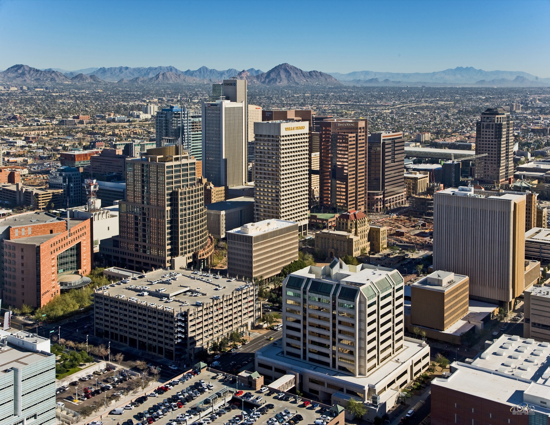 Downtown Phoenix skyline with surrounding desert mountains