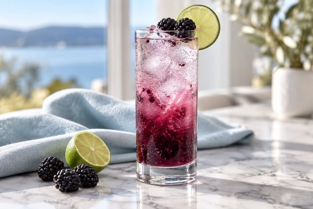 Blackberry lime spritzer with ice, fresh blackberries and a lime wheel in a tall glass
