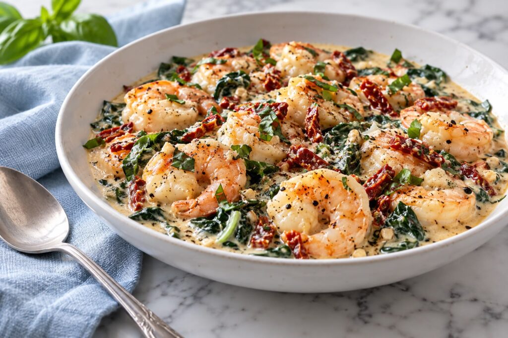 Creamy Tuscan garlic shrimp with sun dried tomatoes, spinach and fresh basil in a white serving bowl