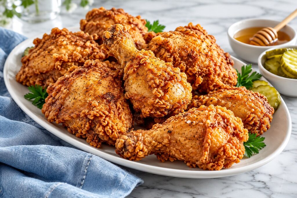 Golden crispy fried chicken thighs and drumsticks on a platter with pickles and honey