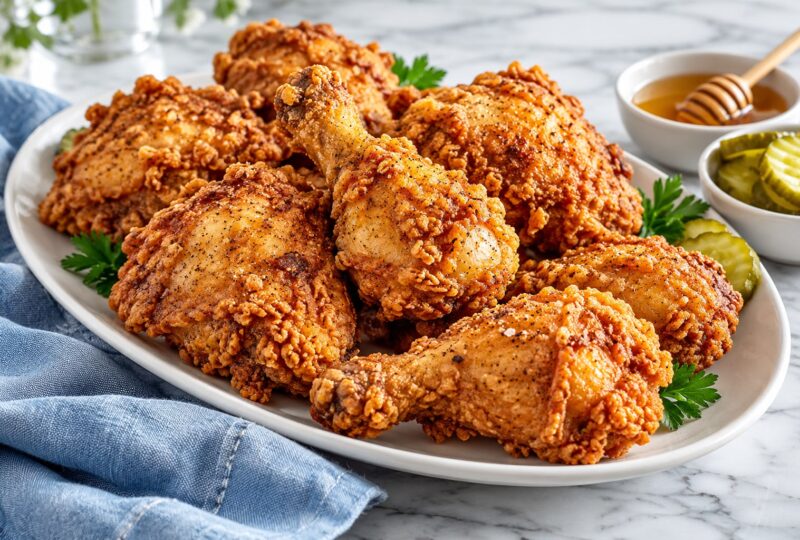 Golden crispy fried chicken thighs and drumsticks on a platter with pickles and honey