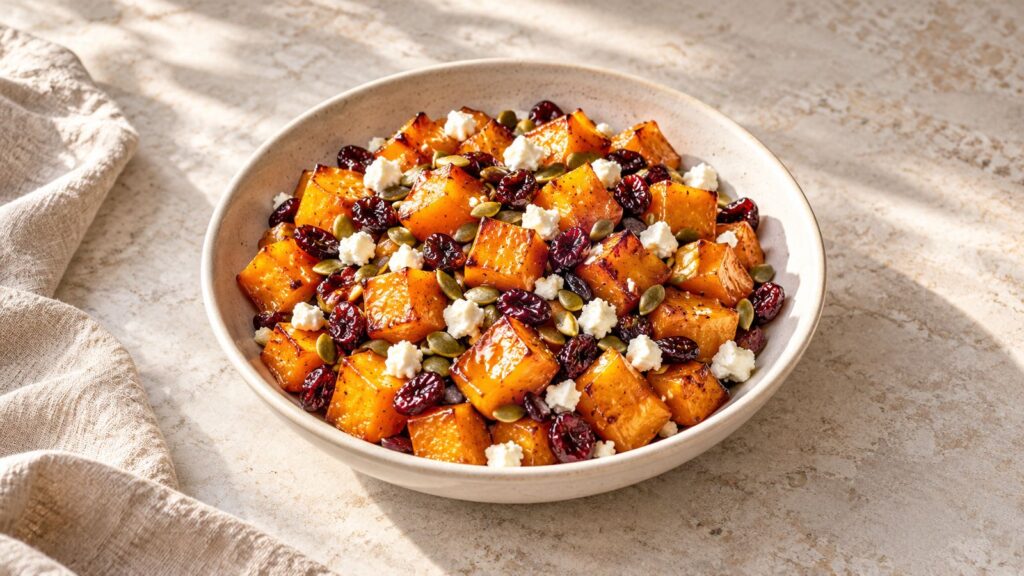 Honey-roasted butternut squash with crumbled feta, dried cranberries and green pepitas in a ceramic bowl