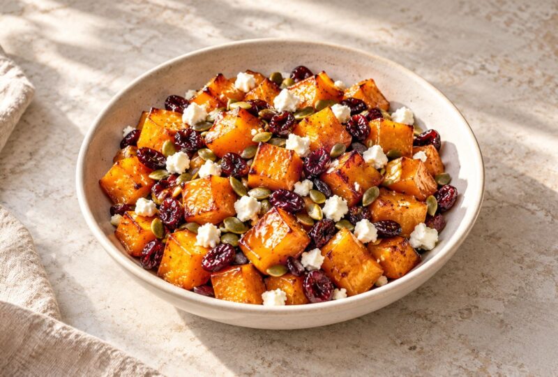 Honey-roasted butternut squash with crumbled feta, dried cranberries and green pepitas in a ceramic bowl