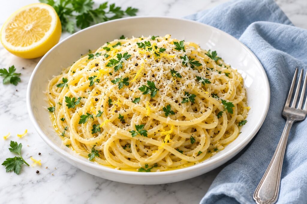 Spaghetti with grated Parmesan, lemon zest, parsley and black pepper in a white bowl