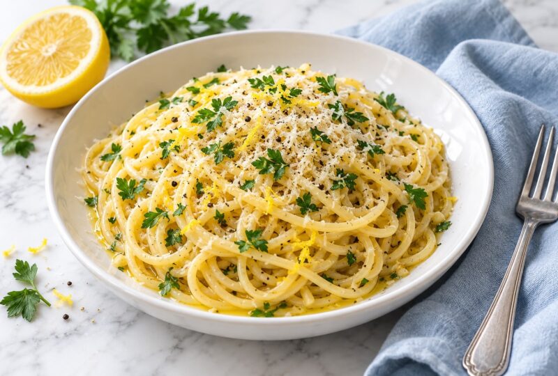Spaghetti with grated Parmesan, lemon zest, parsley and black pepper in a white bowl
